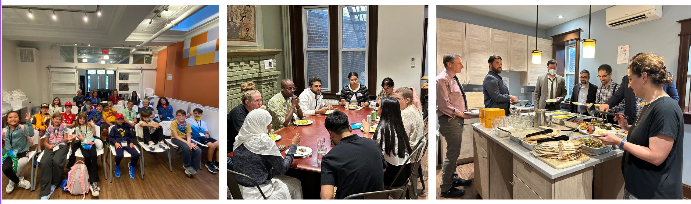 three photos side by side, a group of students in the meeting room, a group gathered around the dining room table, and a group circled around the island kitchen getting dinner